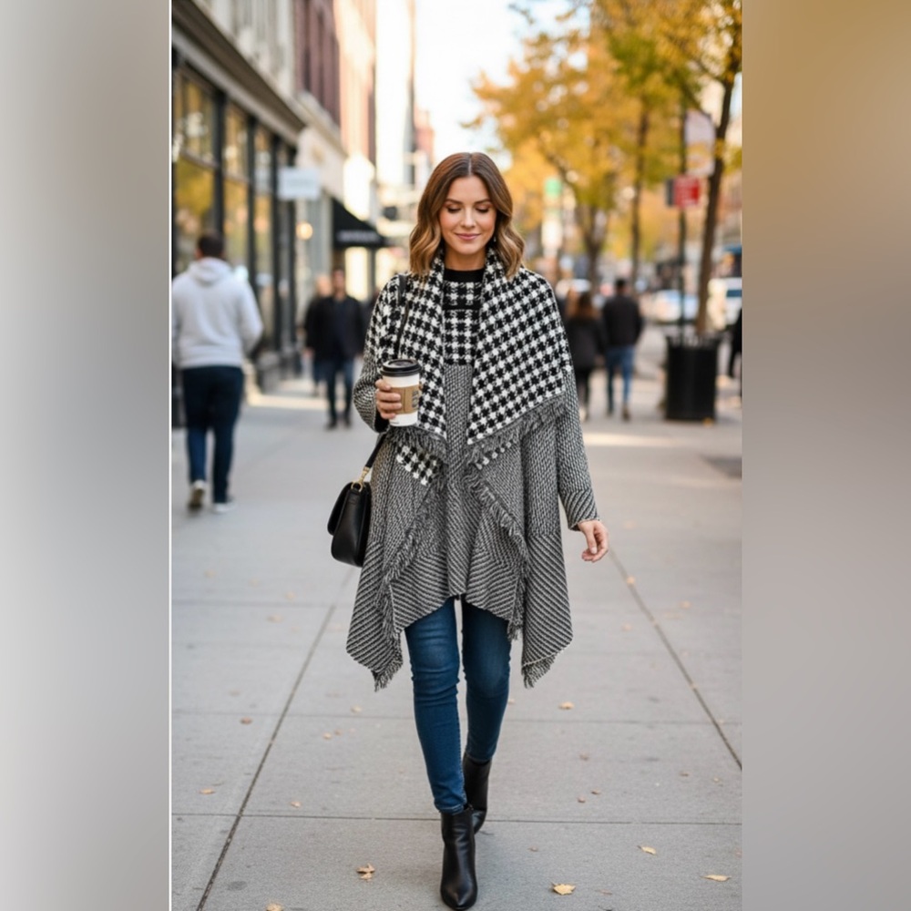 Lane Bryant Sweater shawl coat Black and White Patterned . Ships next day .
